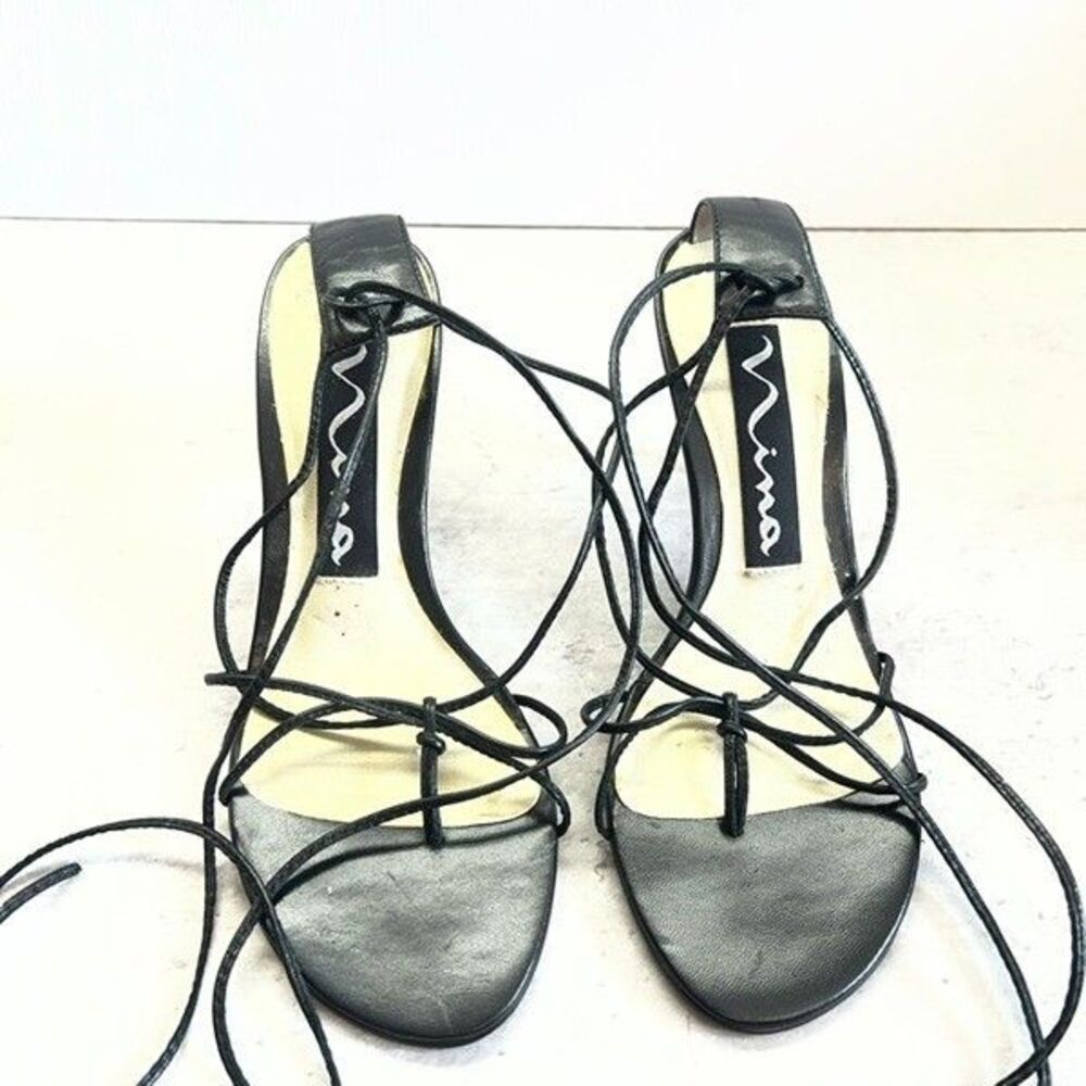 Vintage Nina Glyn-Kl Black Ankle Tie Genuine Leather Strappy Sandals Womens 5.5M